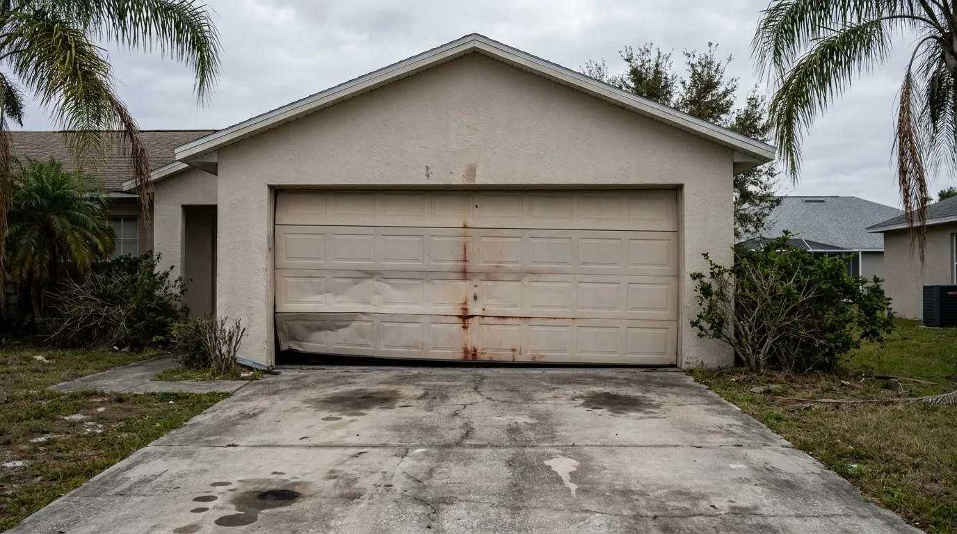 Before: old damaged garage door